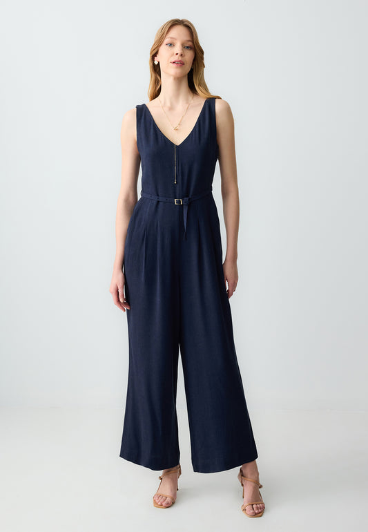 Straight Cut Sleeveless Woven Linen Jumpsuit with Belt Detail