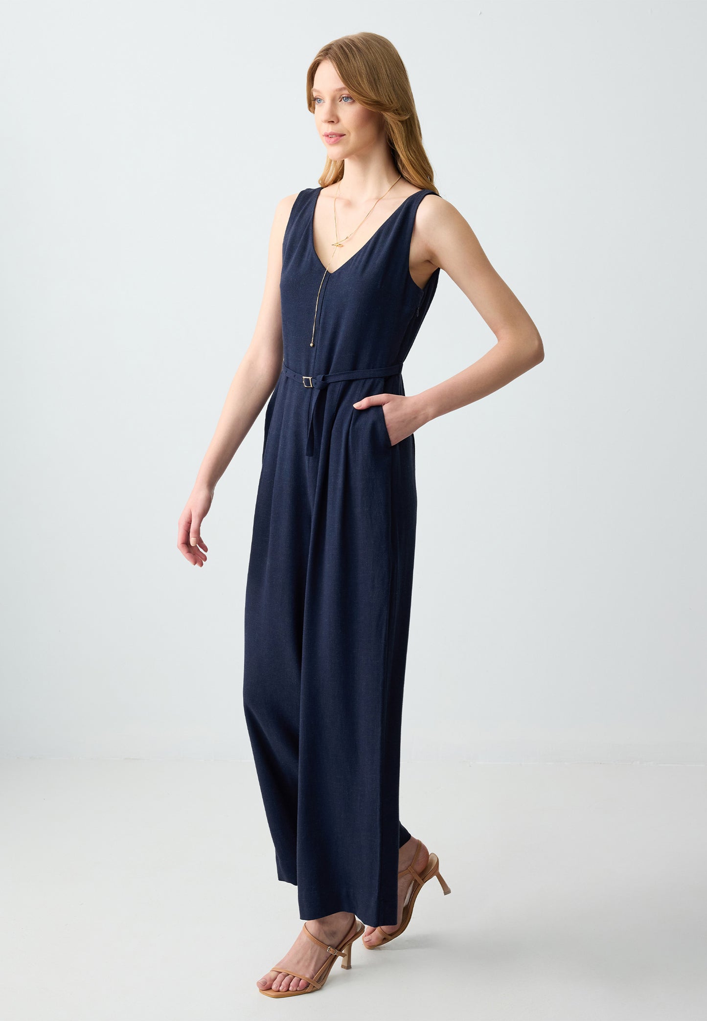 Straight Cut Sleeveless Woven Linen Jumpsuit with Belt Detail