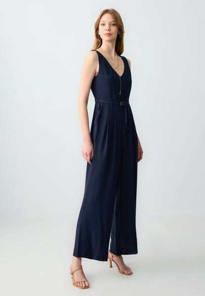 Straight Cut Sleeveless Woven Linen Jumpsuit with Belt Detail