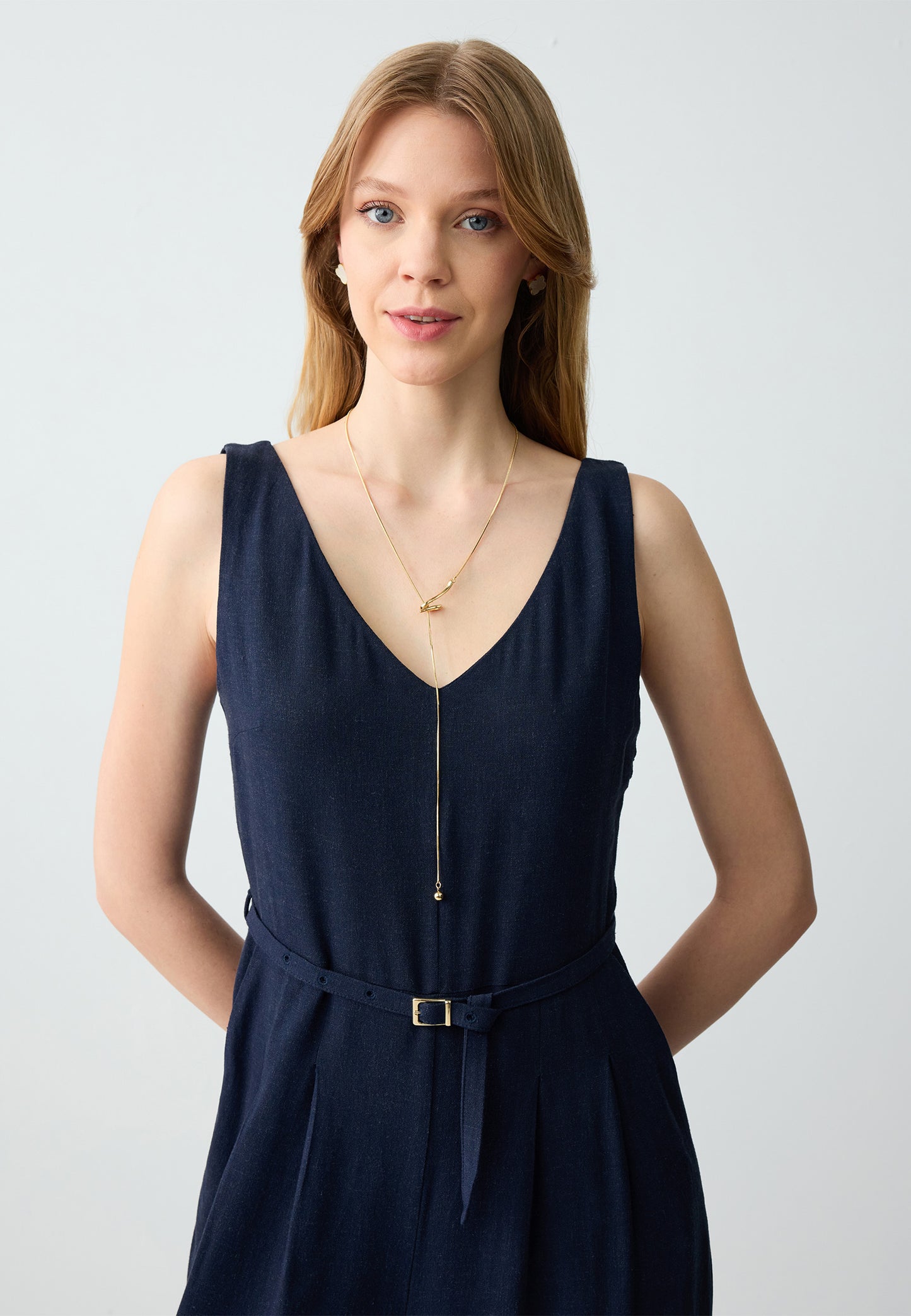 Straight Cut Sleeveless Woven Linen Jumpsuit with Belt Detail