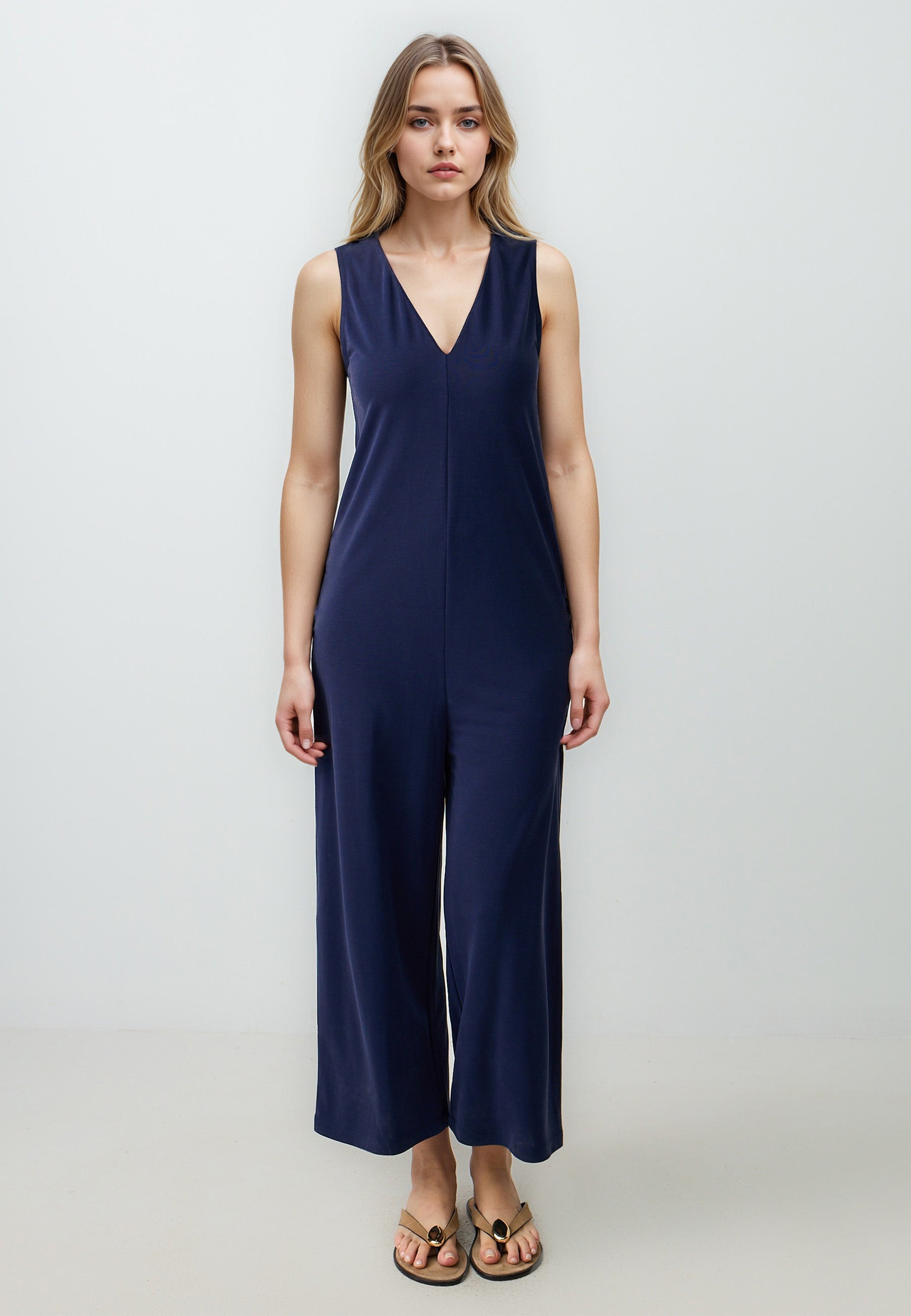 Straight Cut V-Neck Knitted Jumpsuit