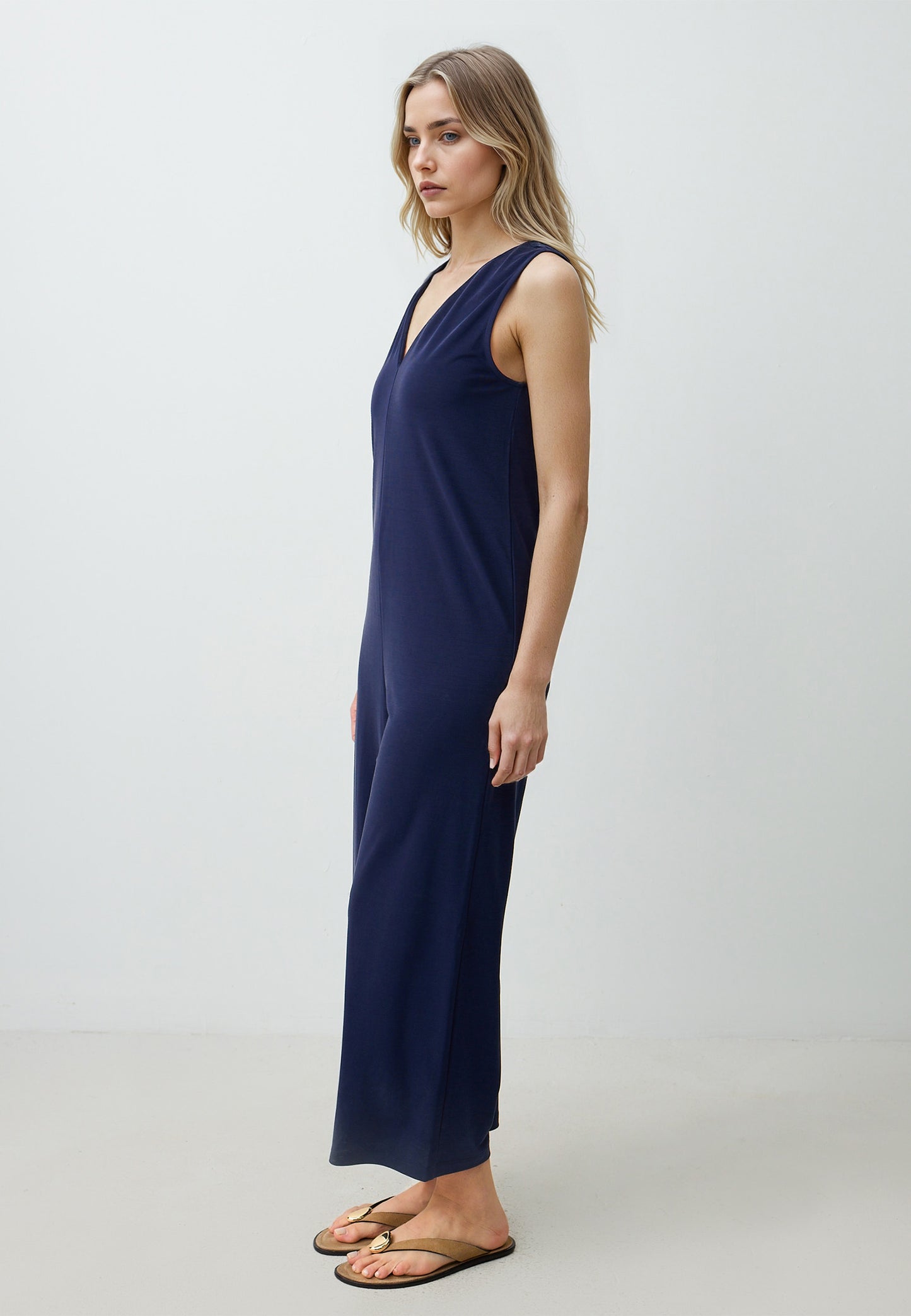 Straight Cut V-Neck Knitted Jumpsuit