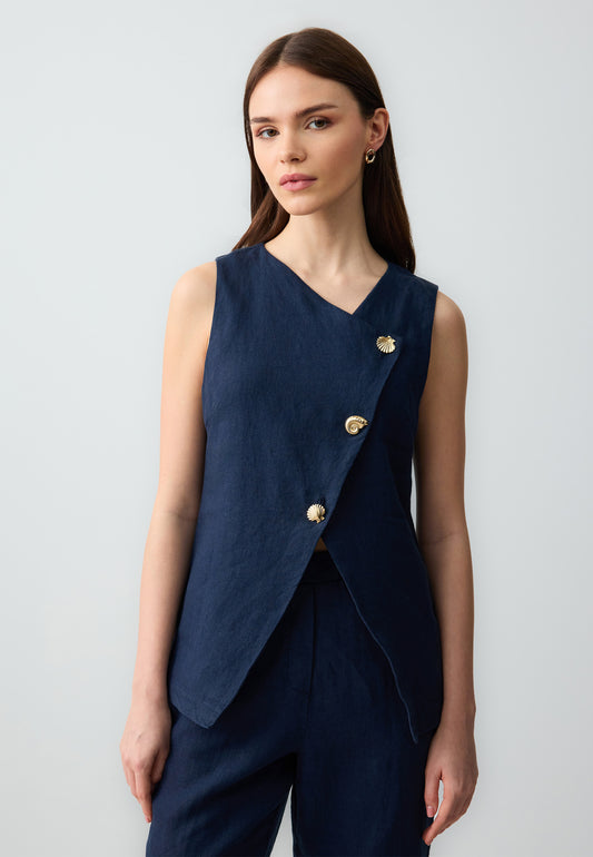 Slim Fit Linen Woven Vest with Button Detail