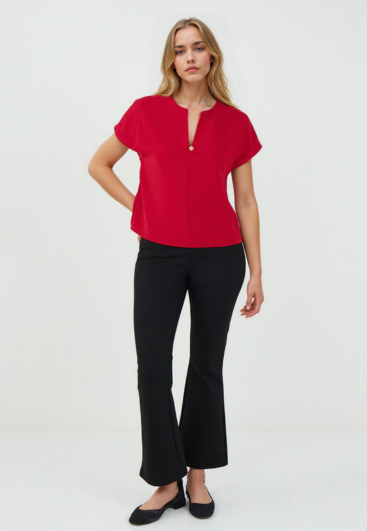 Regular Fit V-Neck Red Woven Blouse