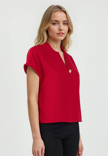 Regular Fit V-Neck Red Woven Blouse