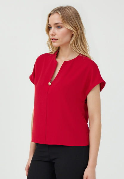 Regular Fit V-Neck Red Woven Blouse
