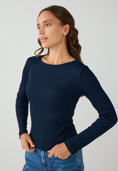 Slim Fit Off-the-shoulder Knitted Dark Blue Blouse