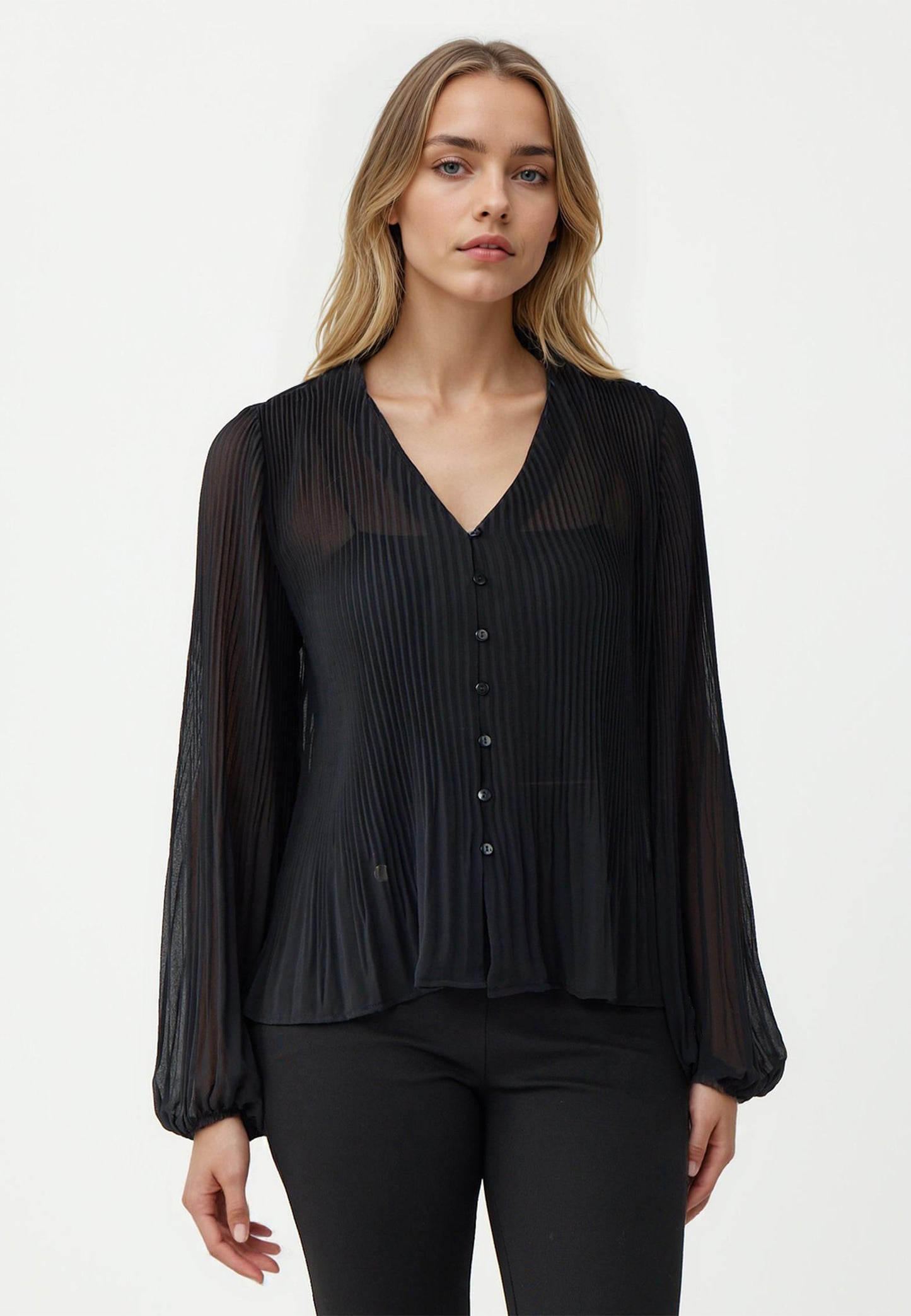 Loose Fit V-Neck Black Chiffon Blouse