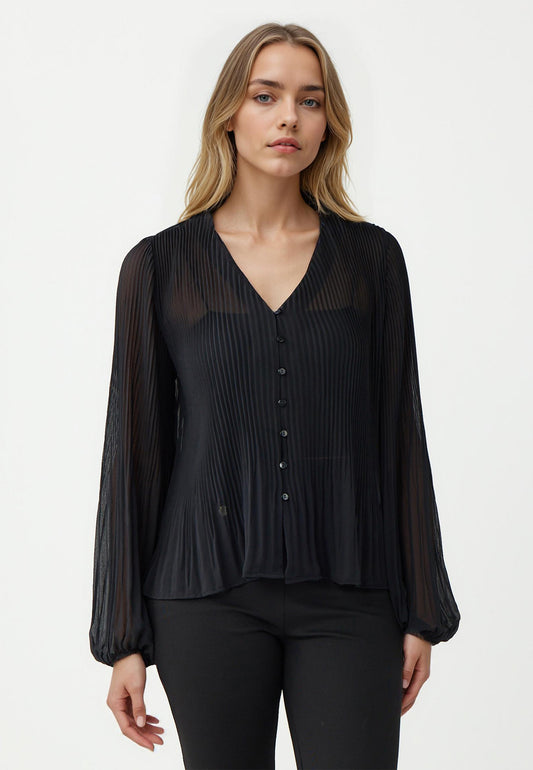 Loose Fit V-Neck Black Chiffon Blouse