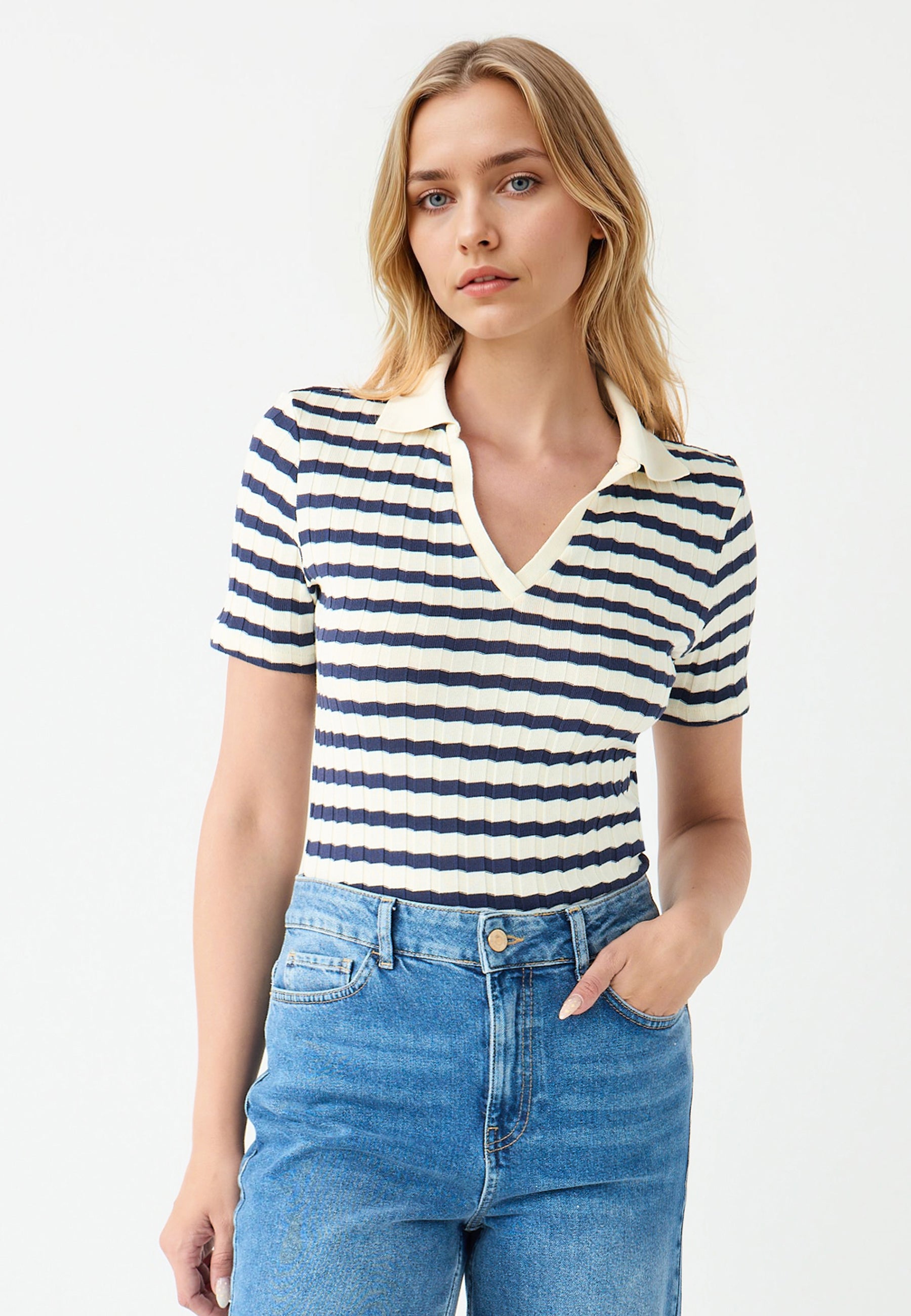 Short-Sleeve Shirt-Collar Striped Knit Blouse