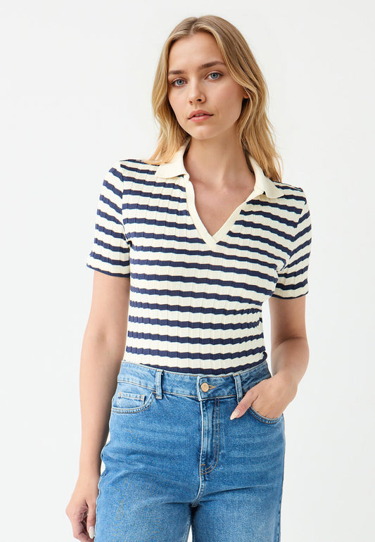 Short-Sleeve Shirt-Collar Striped Knit Blouse
