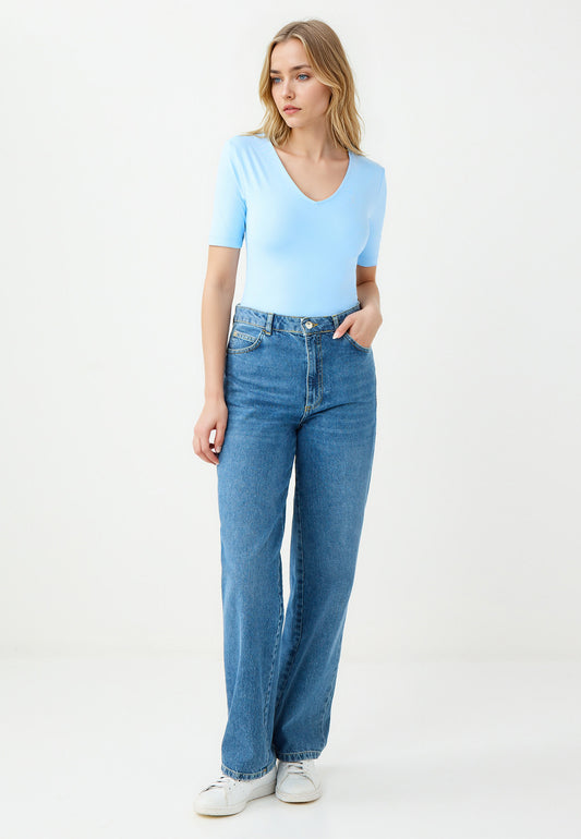 Slim Fit V-Neck Blue Knitted Blouse