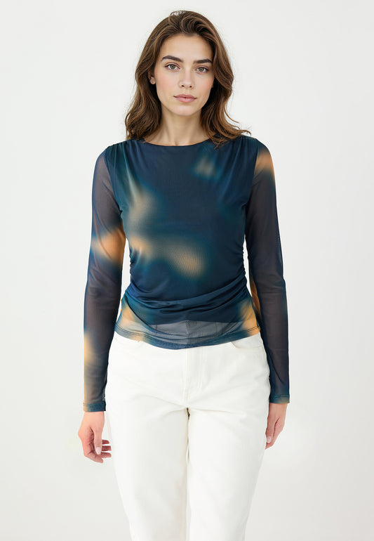 Boat Neck Long-Sleeved Patterned Mesh Knit Blouse