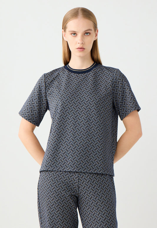 Short-Sleeve Crew Neck Patterned Knit Blouse