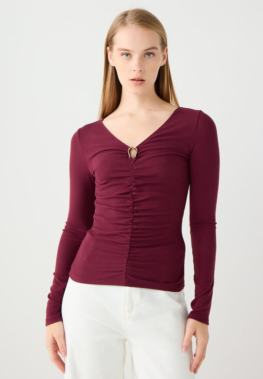 V Neck Long Sleeve Gathered Detail Knit Blouse