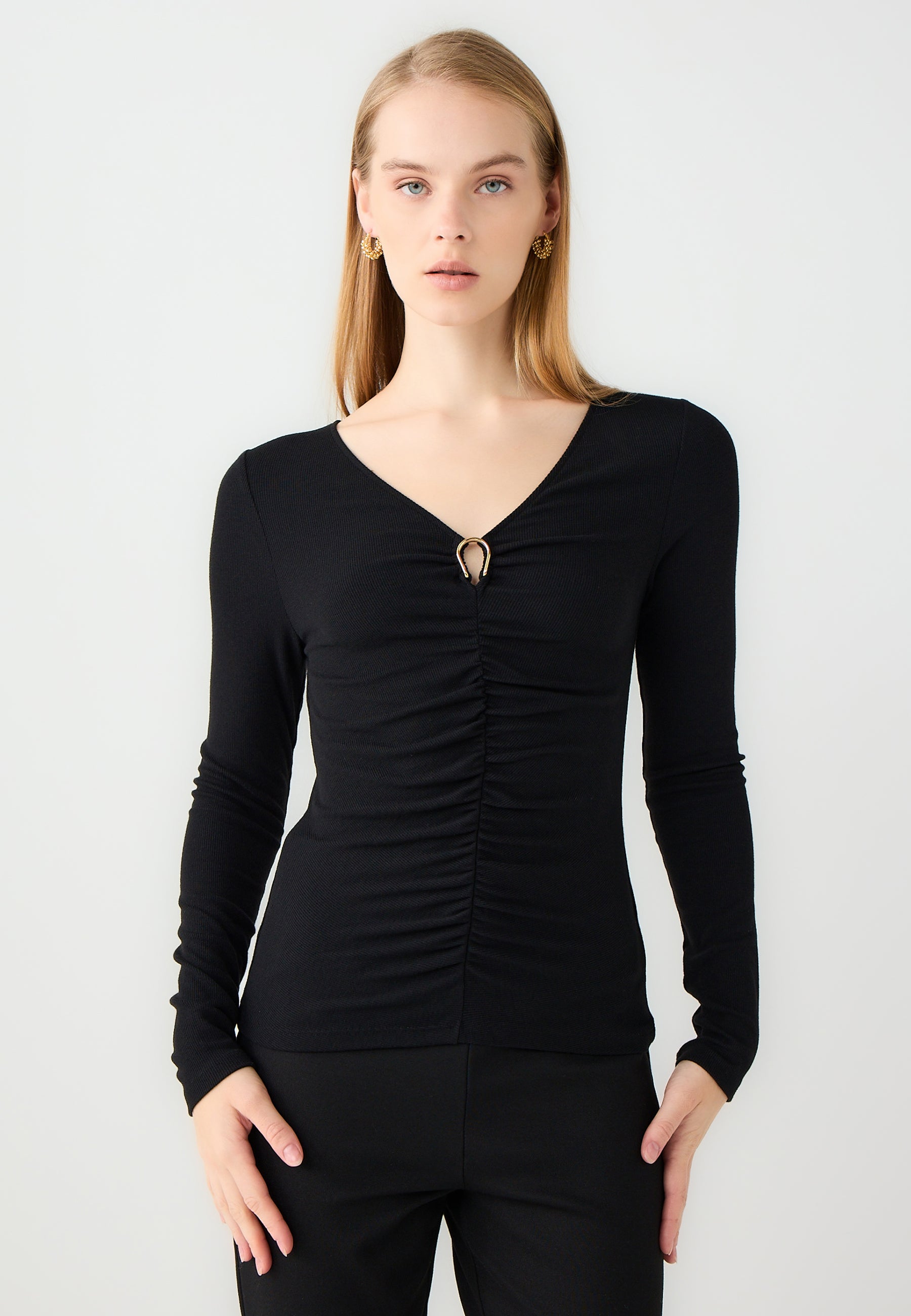 V Neck Long Sleeve Gathered Detail Knit Blouse