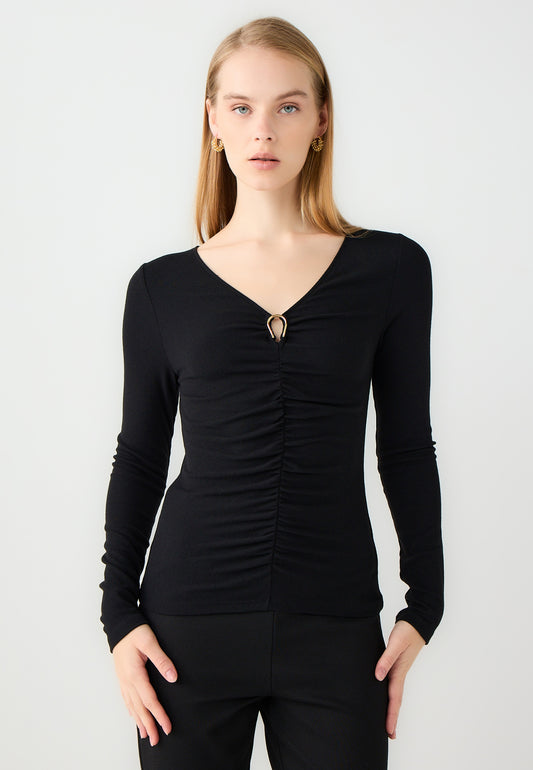V Neck Long Sleeve Gathered Detail Knit Blouse