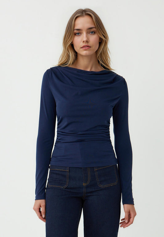 Slim-Fit Long-Sleeve Cowl Neck Knit Blouse