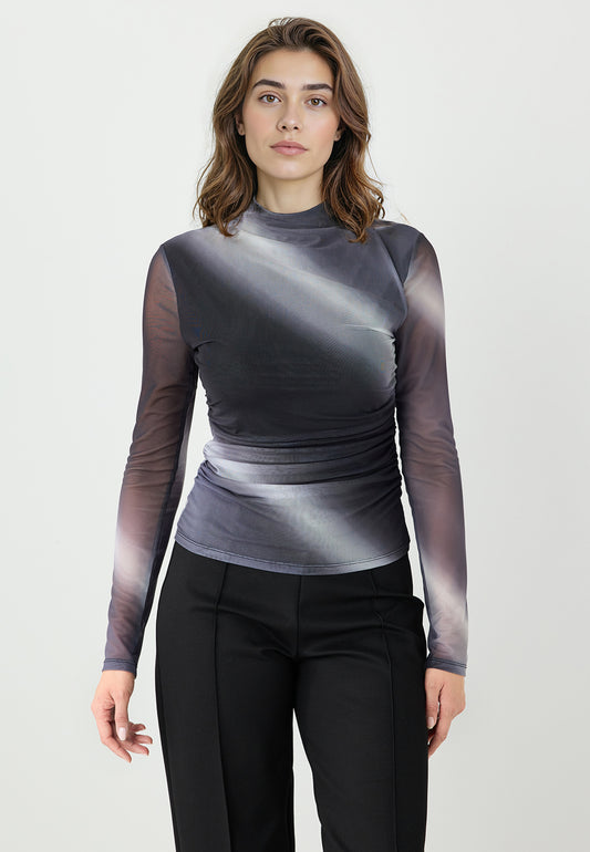 Slim Fit Zero Collar Color Gradient Mesh Blouse