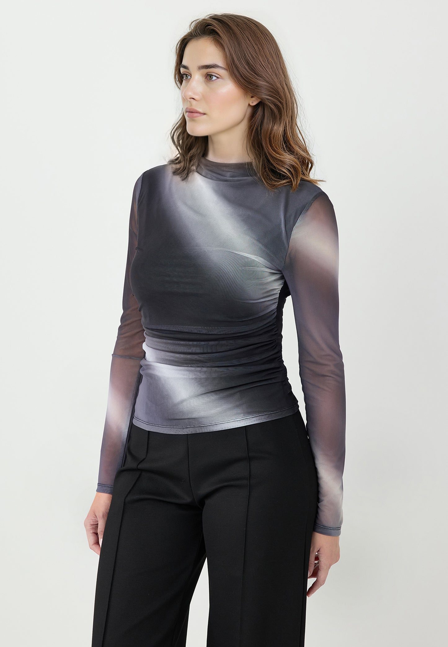 Slim Fit Zero Collar Color Gradient Mesh Blouse