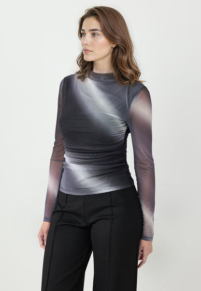 Slim Fit Zero Collar Color Gradient Mesh Blouse