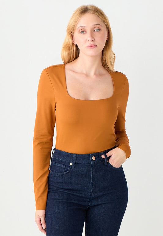 Slim Fit Long Sleeve Square Neck Knit Blouse