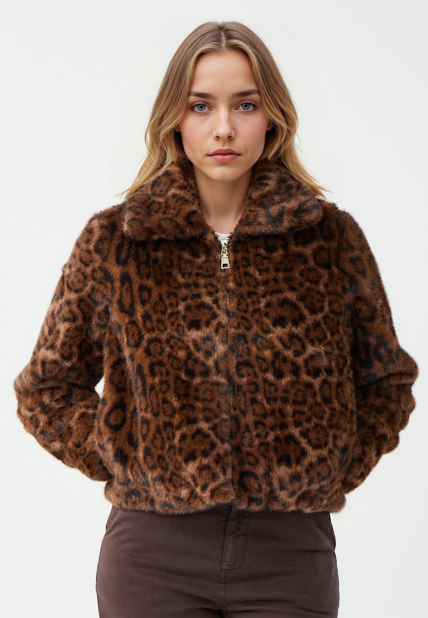 Regular Fit Shirt Collar Brown Plush Coat