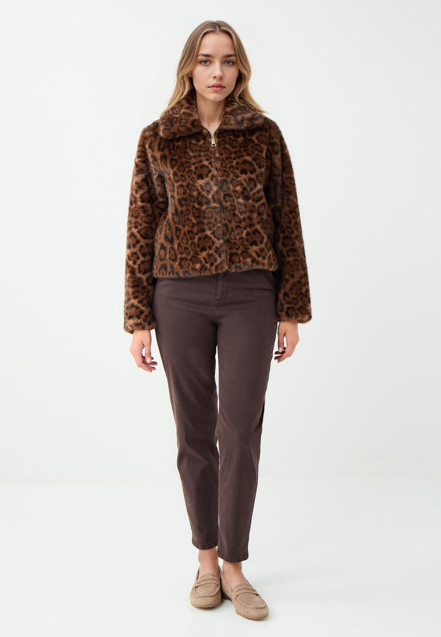 Regular Fit Shirt Collar Brown Plush Coat