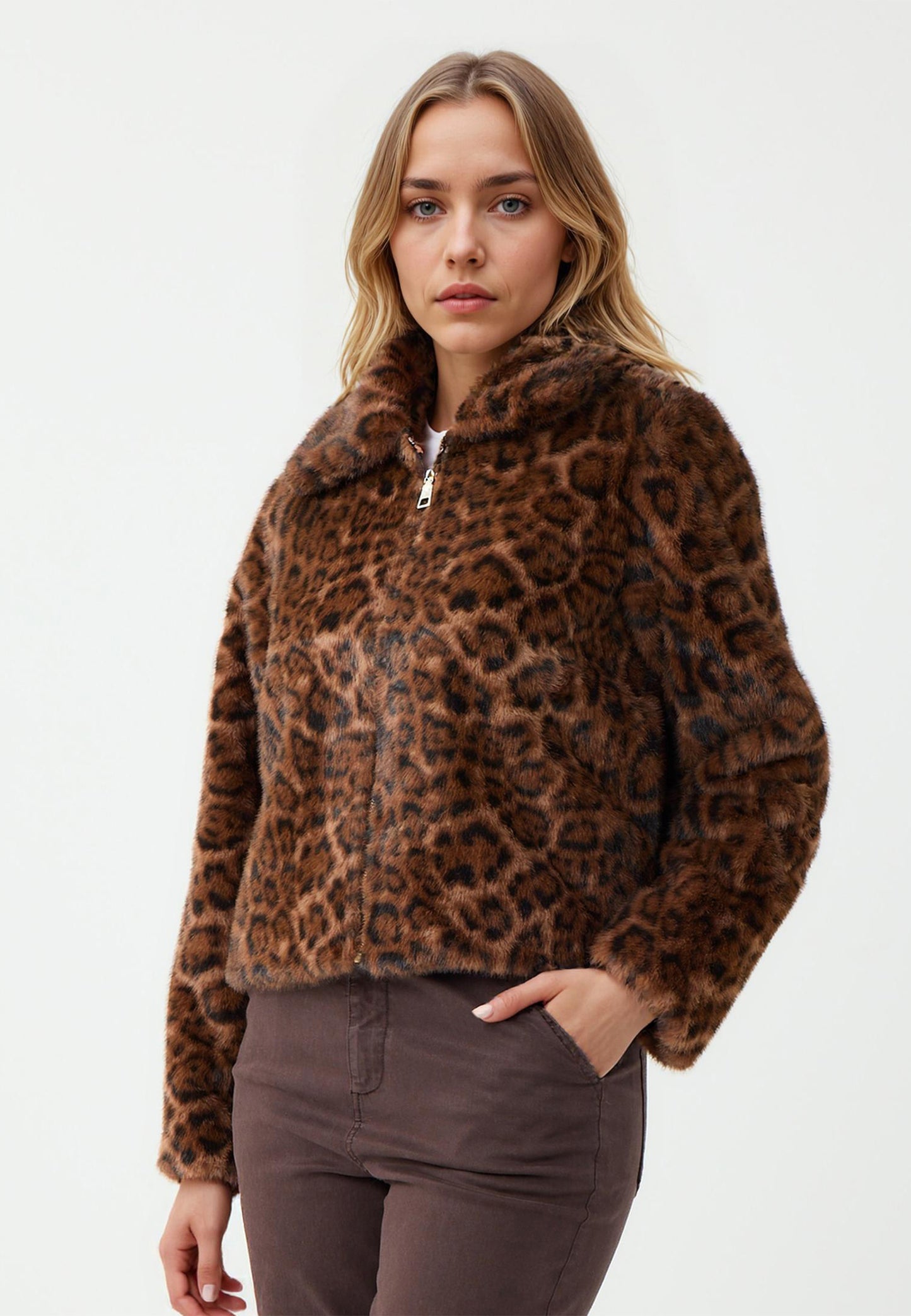 Regular Fit Shirt Collar Brown Plush Coat