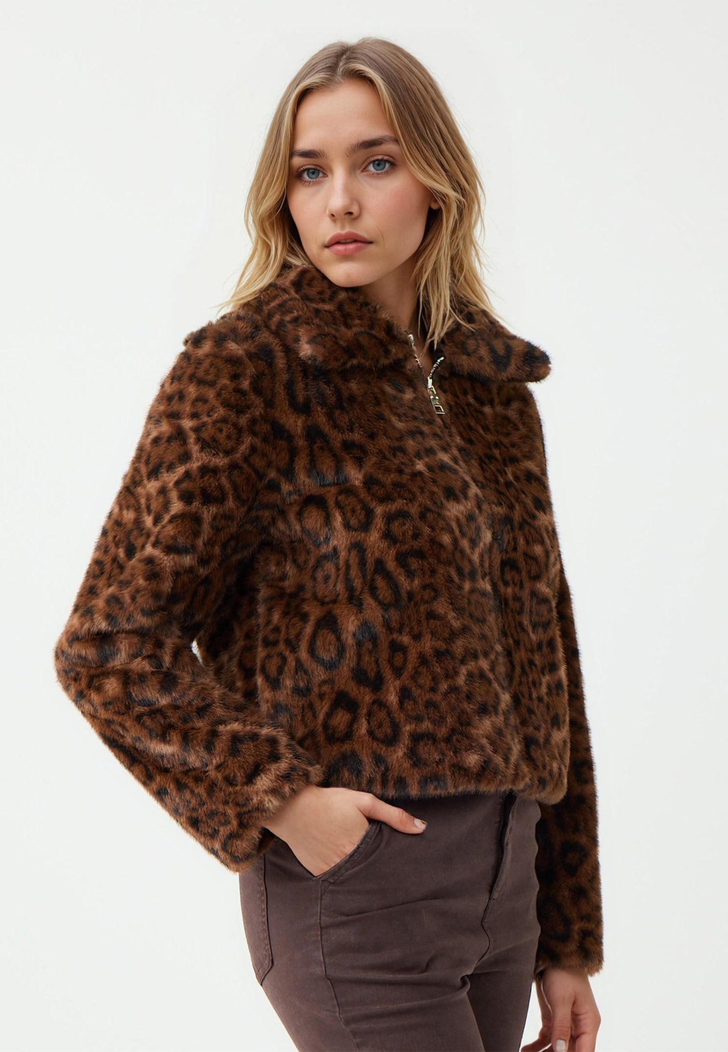 Regular Fit Shirt Collar Brown Plush Coat