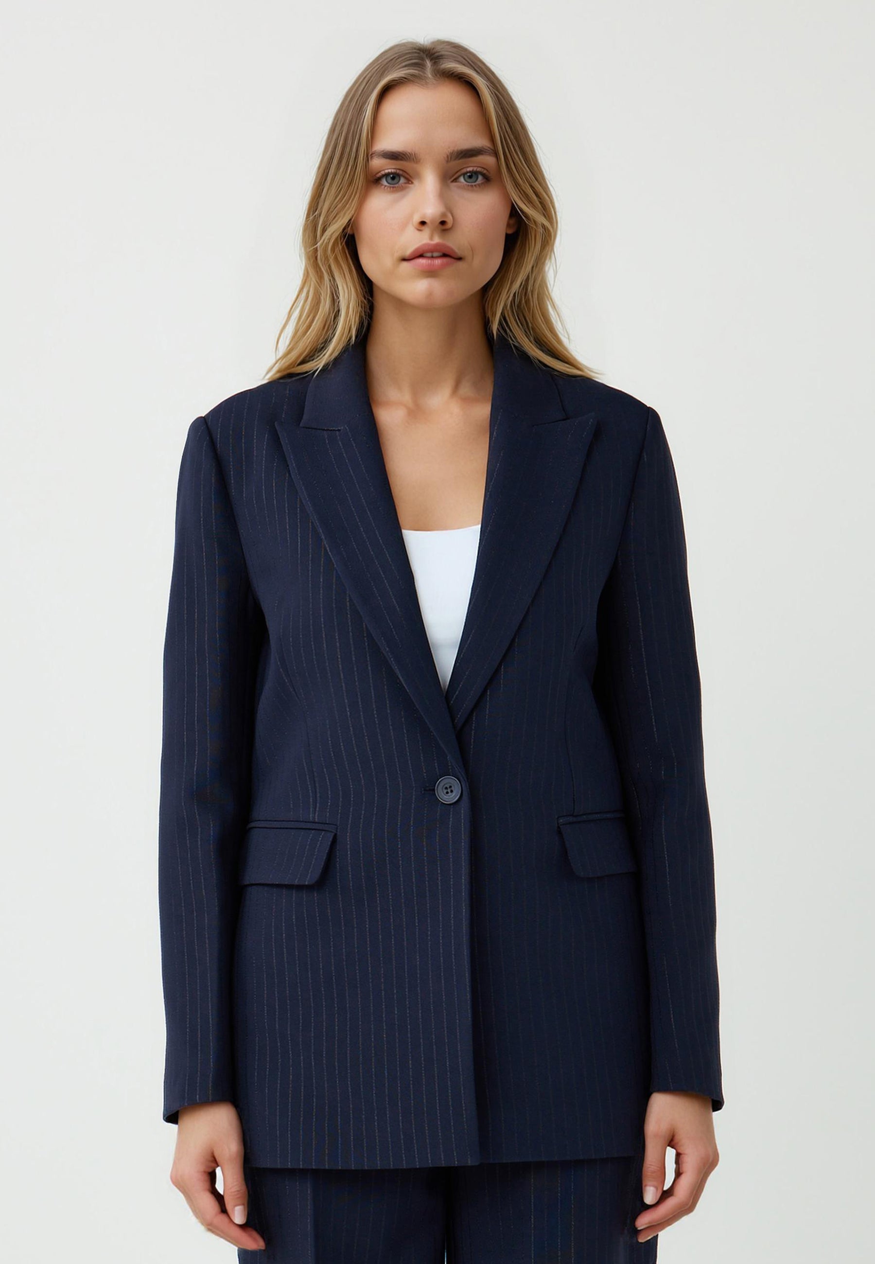 Long-Sleeve Double-Breasted Woven Jacket with Striped Pattern