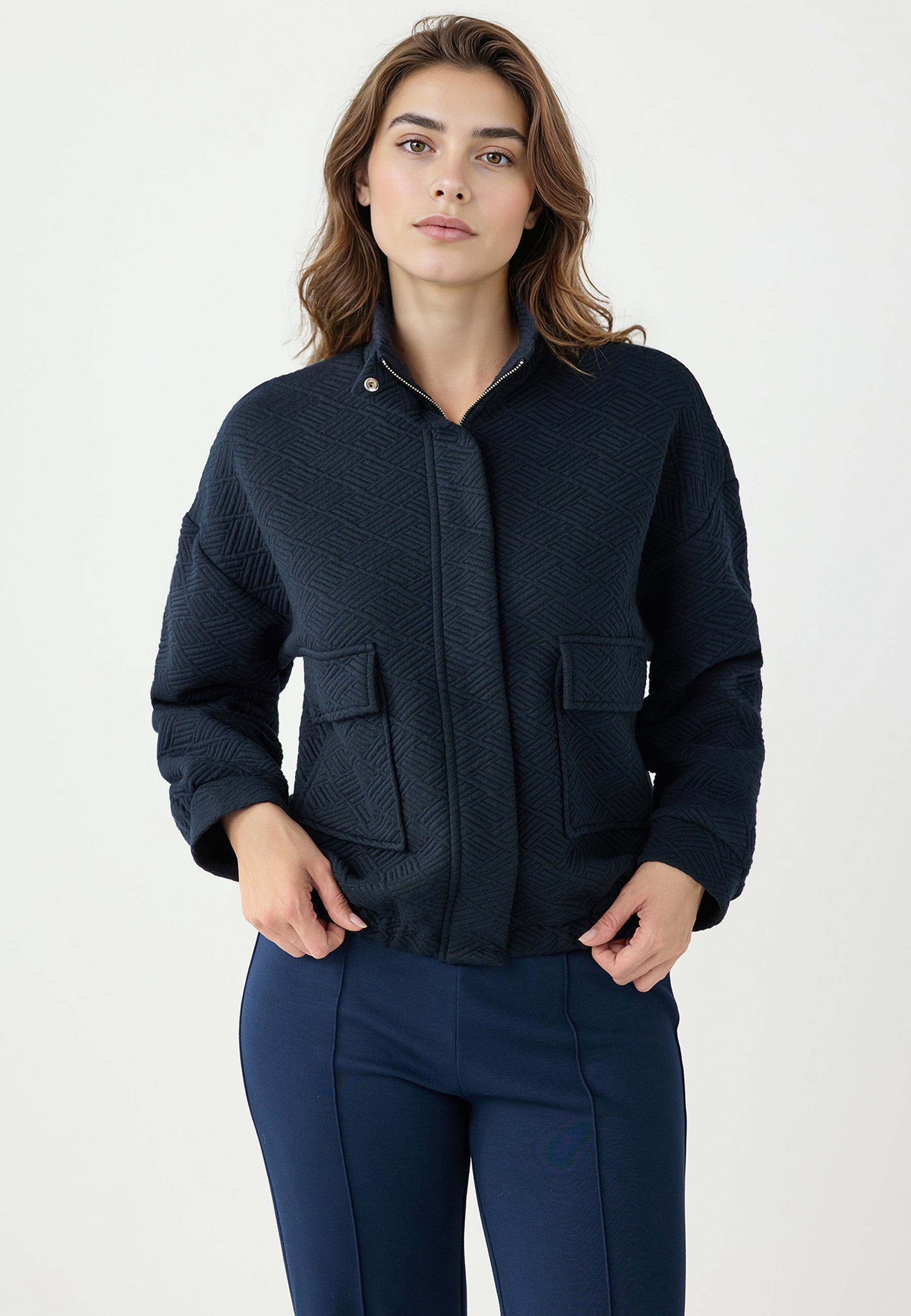 Long Sleeve Zippered Elastic Waist Knit Jacket