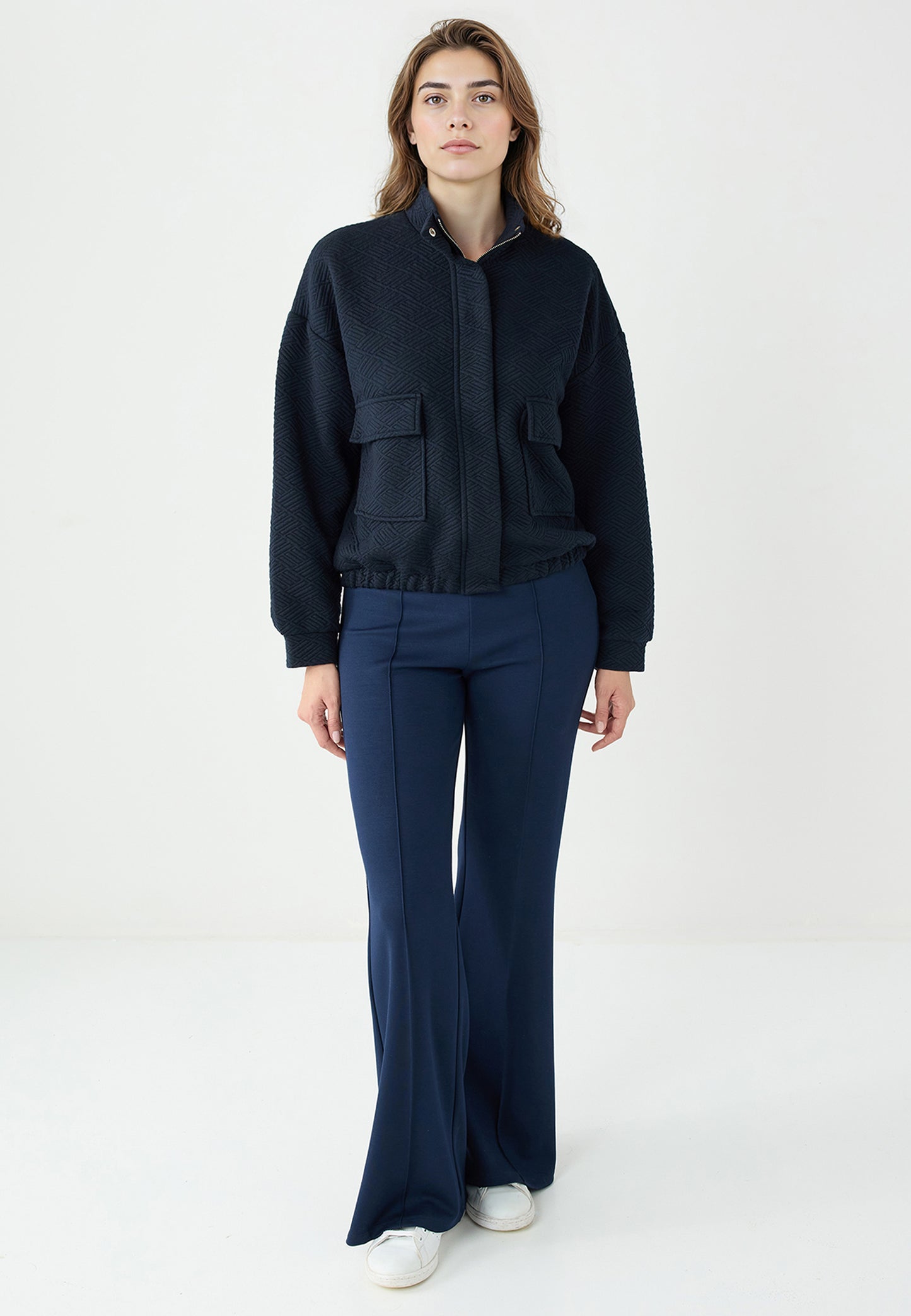 Long Sleeve Zippered Elastic Waist Knit Jacket