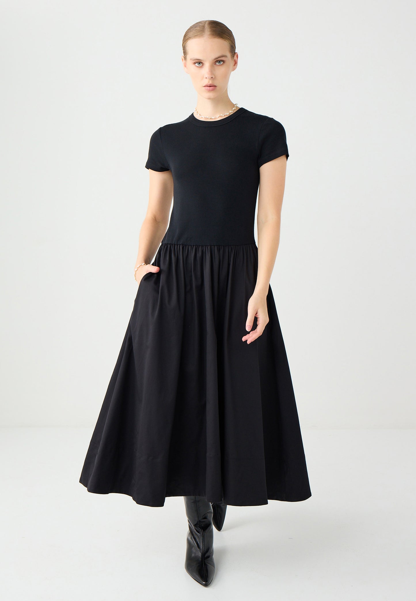 100% Cotton Crew Neck Midi Dress with Hidden Pocket