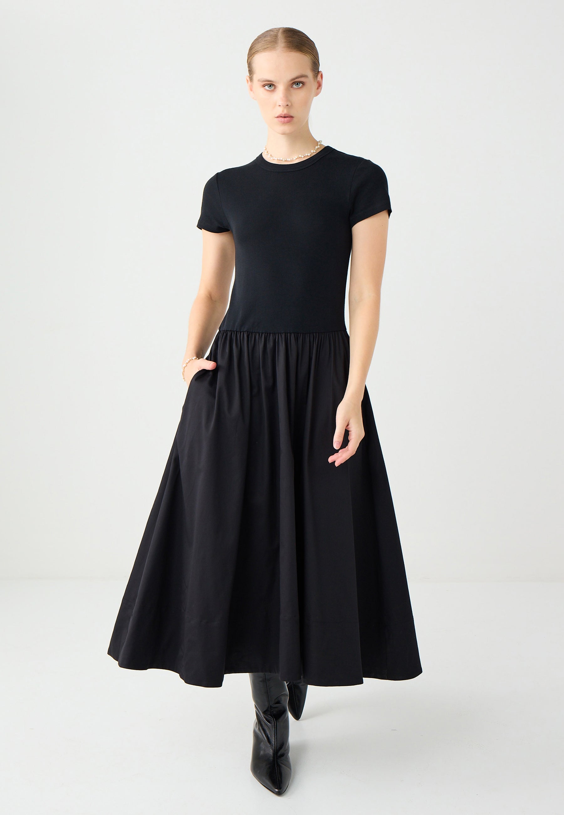 100% Cotton Crew Neck Midi Dress with Hidden Pocket