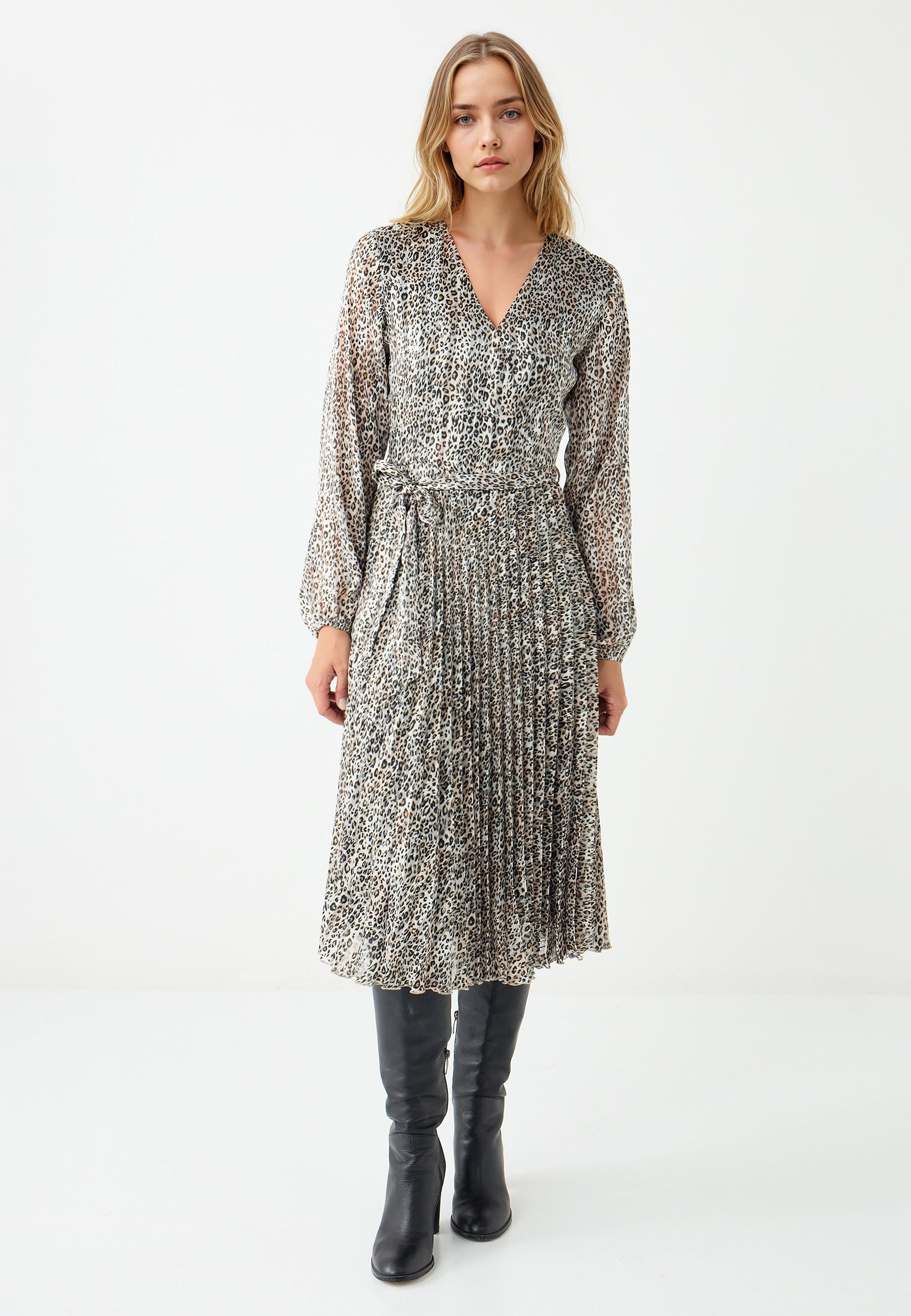 Double-Breasted Leopard Print Chiffon Midi Dress