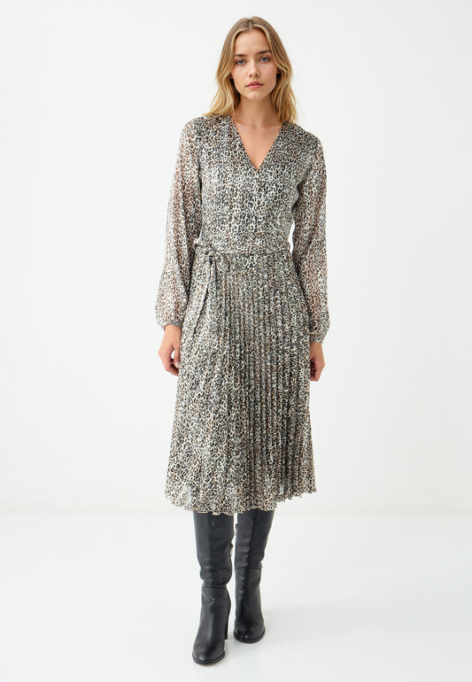 Double-Breasted Leopard Print Chiffon Midi Dress