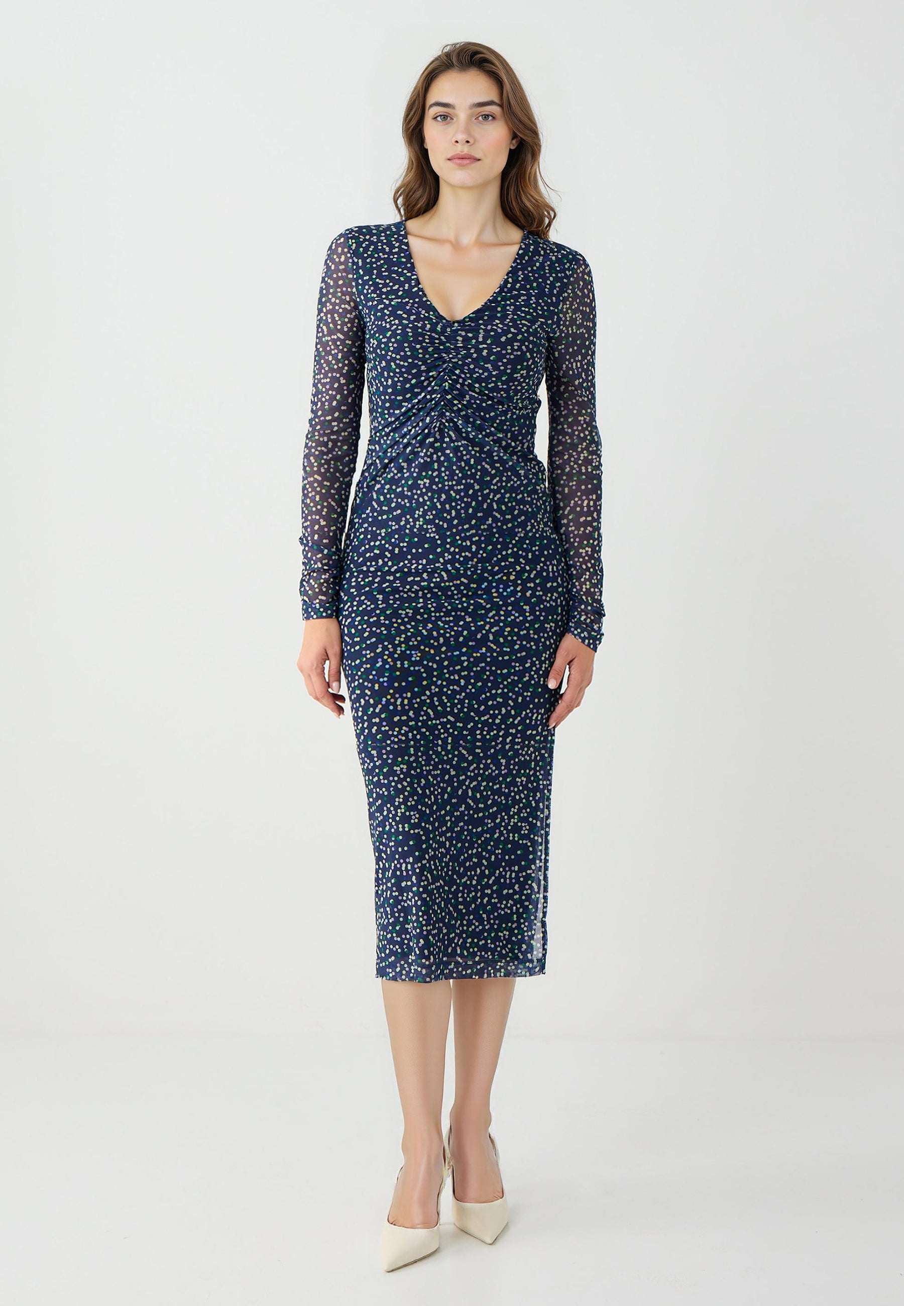 Slim Fit V-neck Dark Blue Long Sleeve Knitted Dress
