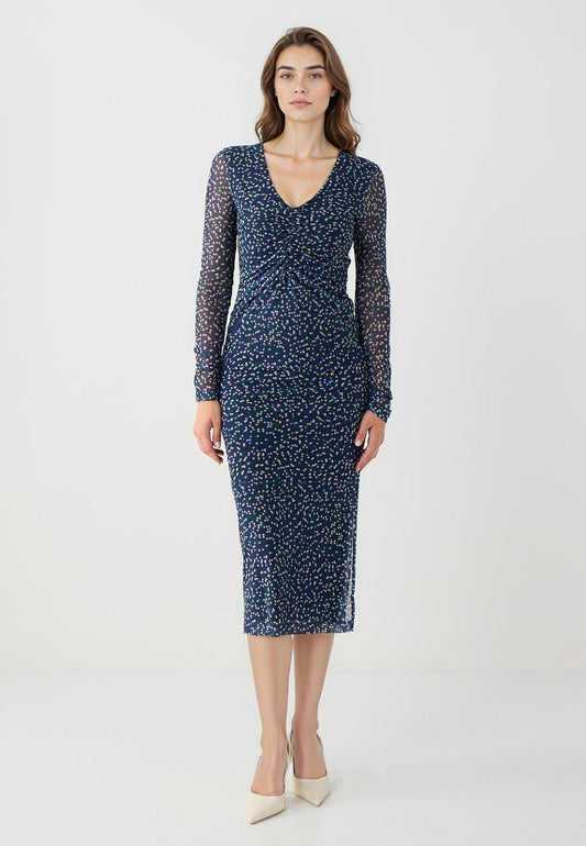Slim Fit V-neck Dark Blue Long Sleeve Knitted Dress