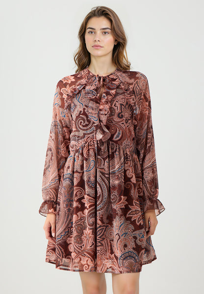 Regular Fit V-neck Woven Brown Dress