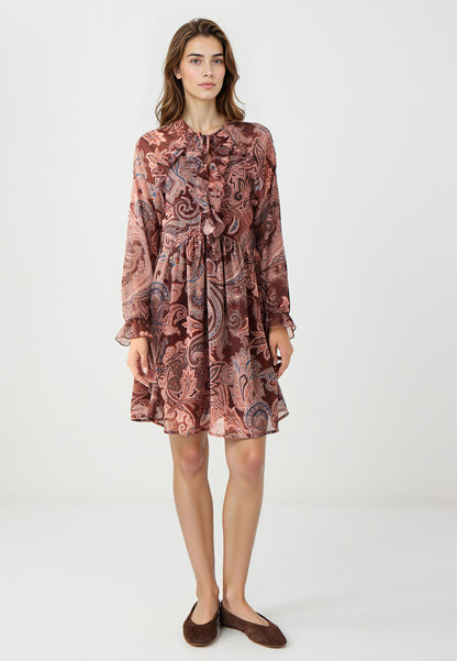 Regular Fit V-neck Woven Brown Dress