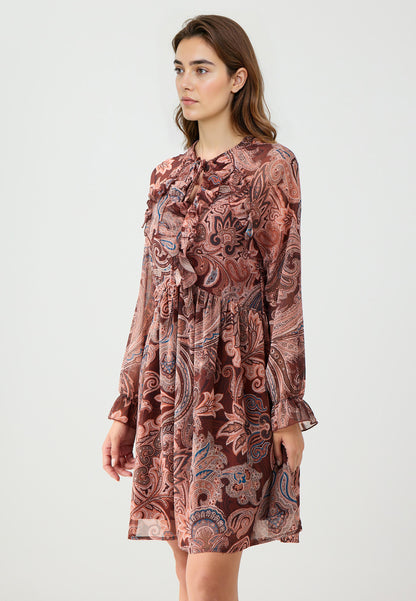 Regular Fit V-neck Woven Brown Dress