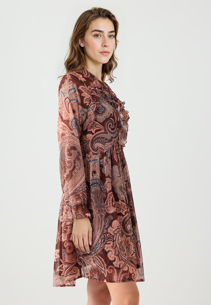 Regular Fit V-neck Woven Brown Dress