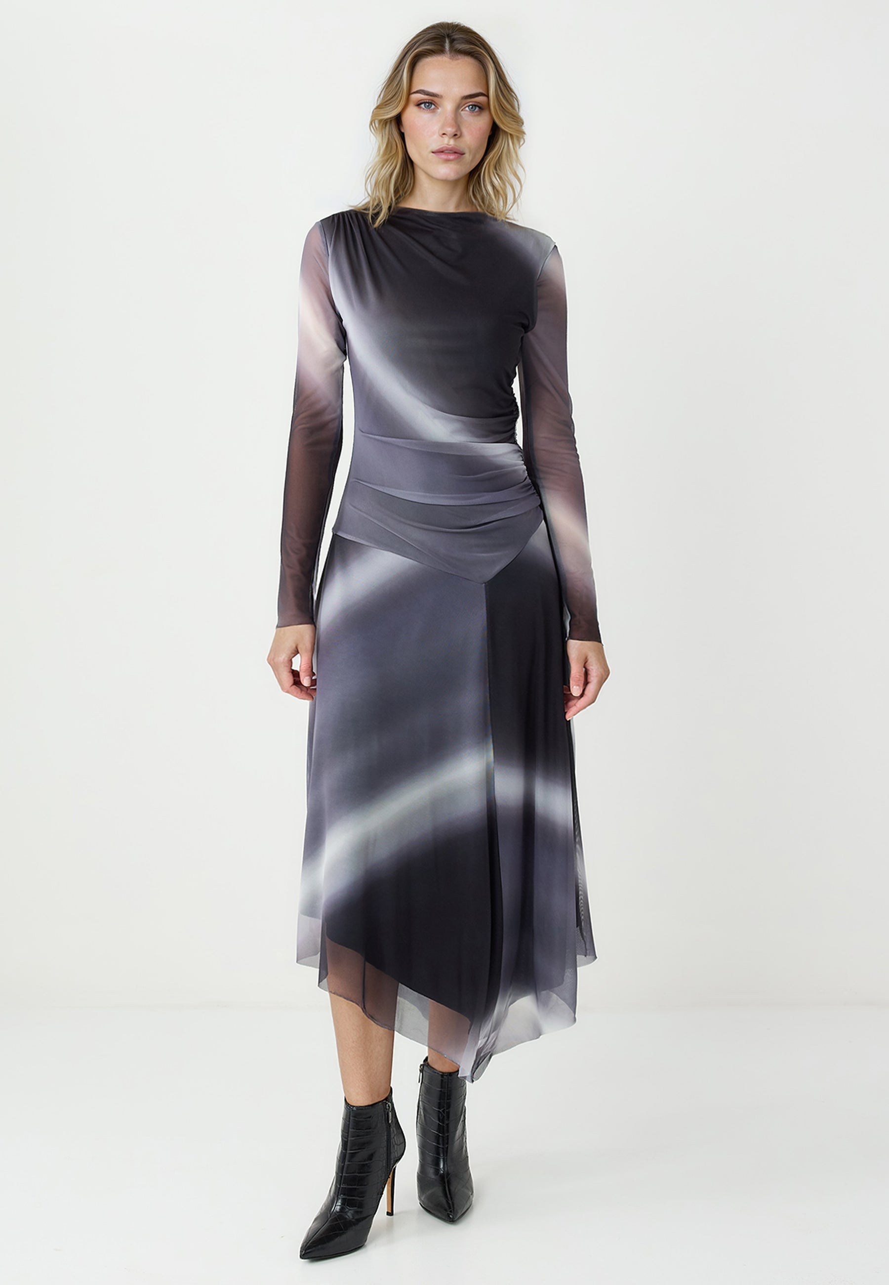 Round Neck Long Sleeve Patterned Mesh Midi Dress