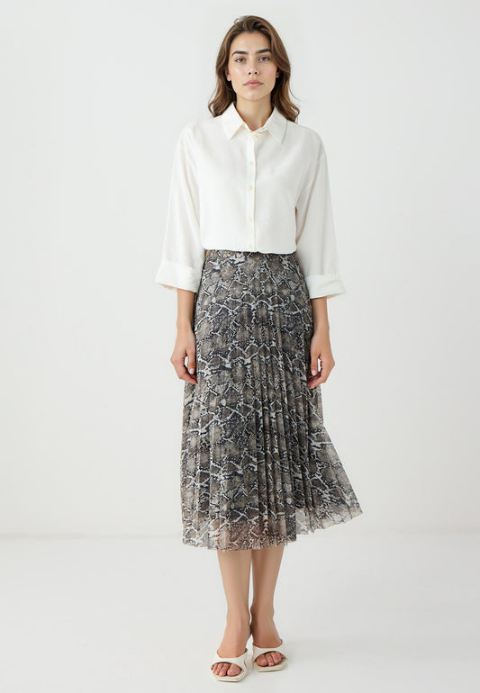 High Waist Pleated Relaxed Fit Midi Skirt