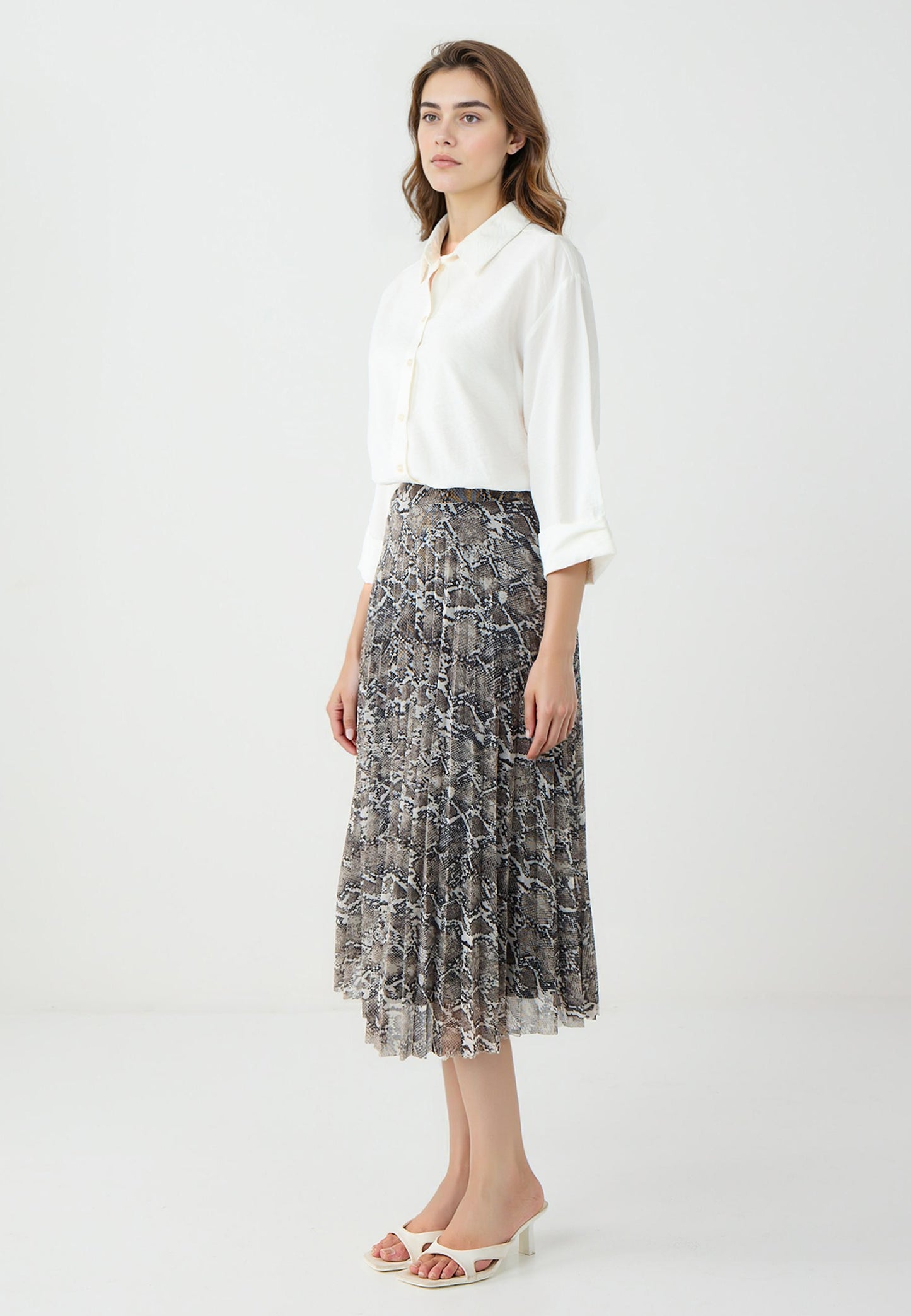 High Waist Pleated Relaxed Fit Midi Skirt