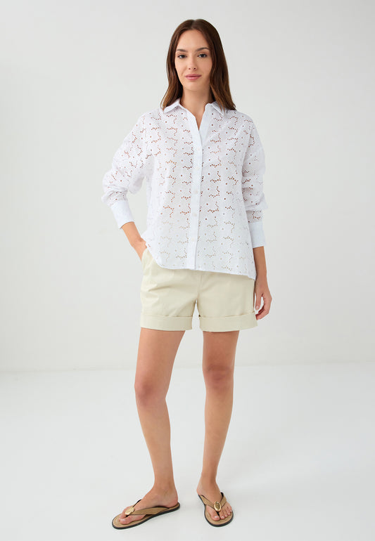 Loose Fit Shirt Collar Woven White Shirt