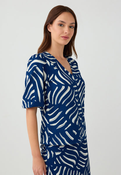 V-Neck Elbow Sleeve Patterned Woven Shirt