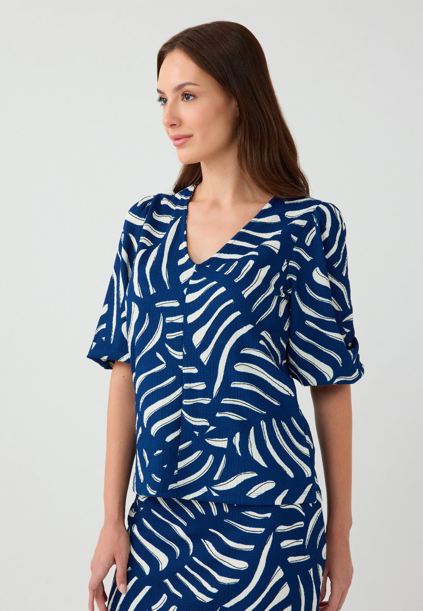 V-Neck Elbow Sleeve Patterned Woven Shirt