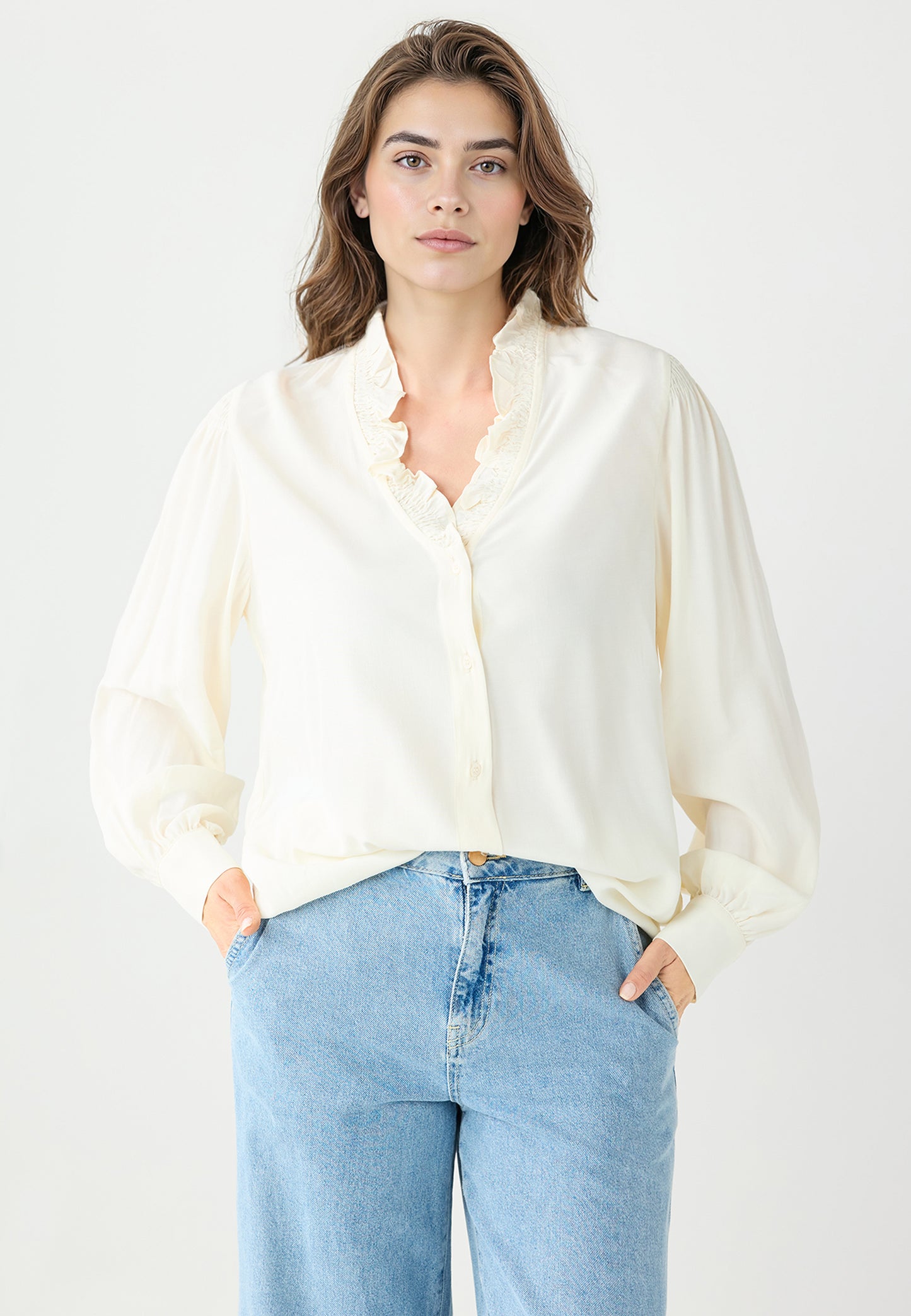 Long-Sleeved Draped Collar Woven Shirt